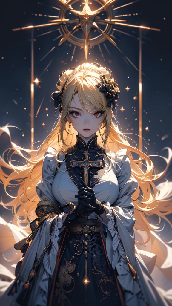 masterpiece, high quality, 4K, Beautiful design, silhouette,blonde, Highly detailed and amazing starry sky, Finer details, Very knowledgeable woman, Highly detailed solo, 1 female,Red eyes,Big Breasts,White ta Fashion,cross,