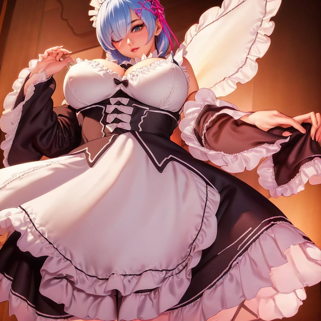 (Highest quality). (Super detailed). (One girl), View the viewer. (Detailed Background). Beautiful and fine details. Delicate and beautiful face. (High saturation), Big breasted, Saggy , ((( Maid Lingerie))), (((Long legs))), ((())),