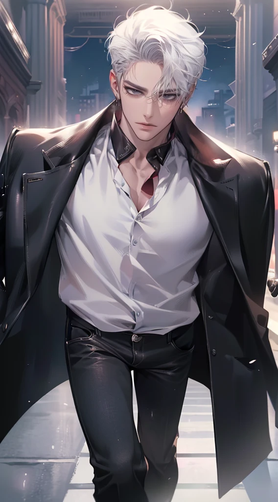 (4K works))、masterpiece、(top-quality)、((In front of the department store))、Korean Male、Adult male、((Adult 50 years old))、((Adult uncle type))、((Leather Jeans Style))、((Face similar to Hyunjin))、Cool Men、tall、((Gentle face))、((Cool werewolf fashion in black))、((Long sleeve long trouser style))、((Smaller face))、Slim body、((Uncle))、((white hair))、((white short-haired))、((Red Eyes))、((shot from front))、((Shot alone))、((Solo Photography))、Professional Photos、((Reach out to your audience))、((He walks in front of the viewer))、((dad bod))、