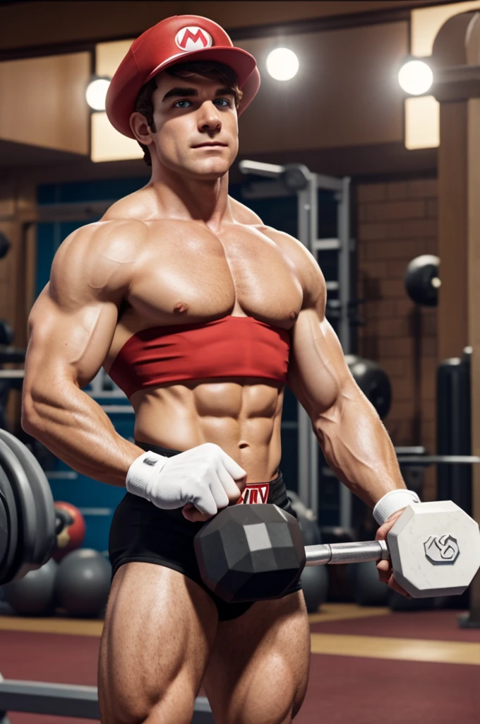 A white man with short brown hair holding dumbbell from the video game Super Mario Odyssey.