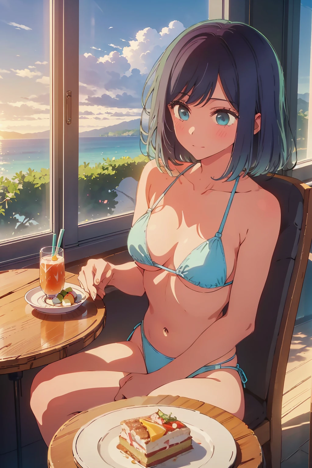 (Highest quality:1.4、masterpiece:1.4、Super detailed:1.4、8k:1.4)、((((1 person、Surprised expression、sit、Indoor cafe terrace、coastal、juice、table、Sandy Beach、juiceのグラスを持つ、Sunset lit beach、Micro Bikini、Very soft 、Big eyes、Very cute face))))、F cup bust、Medium breast、Underboob