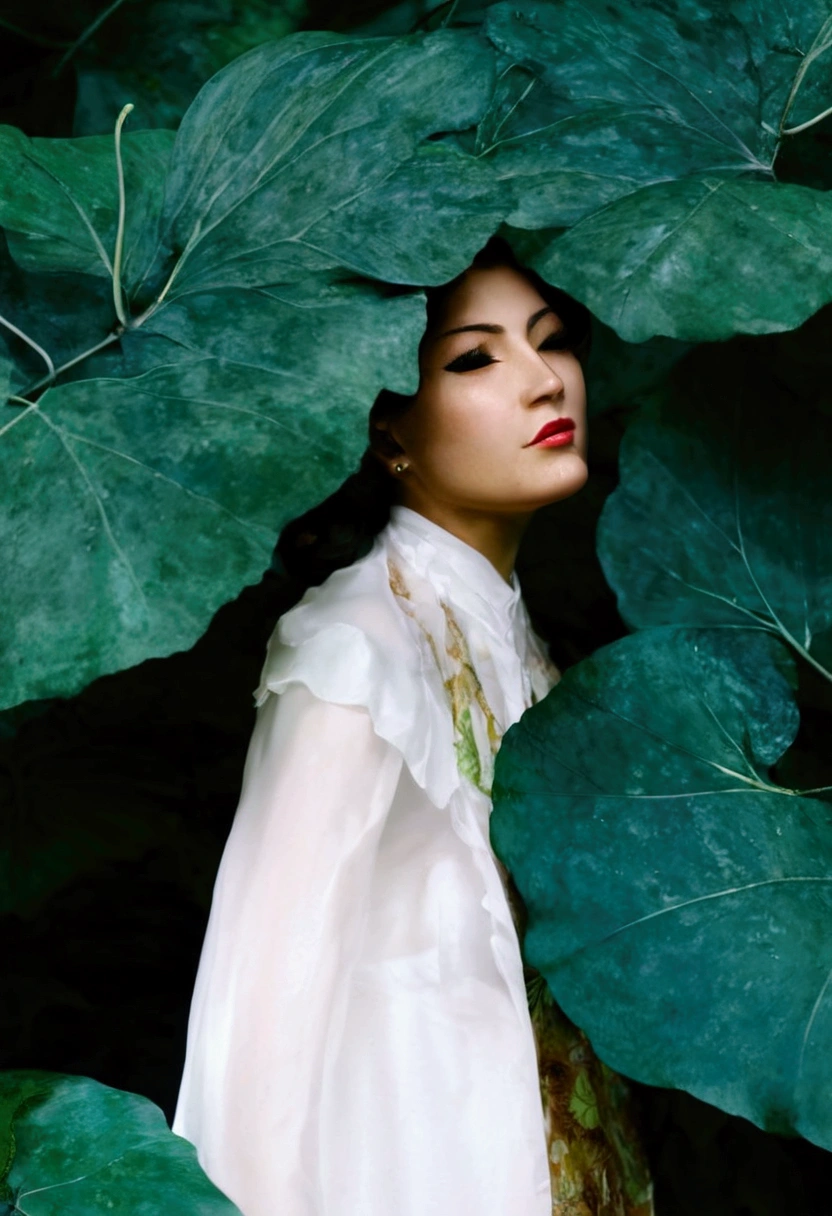 Aarav woman wearing a white shirt and floral dress stands in front of a large green leaf., Among the leaves, Jinyoung Shin, Seson Yoon, Taejoon Kim, Jill Sander's official editorial., Inspired by Ren Hang, Kwak Ji Young, Inspiration from Jung Park, Inspired by Jeon Seok Lee, According to Renhang style, In the midst of nature, jin kim