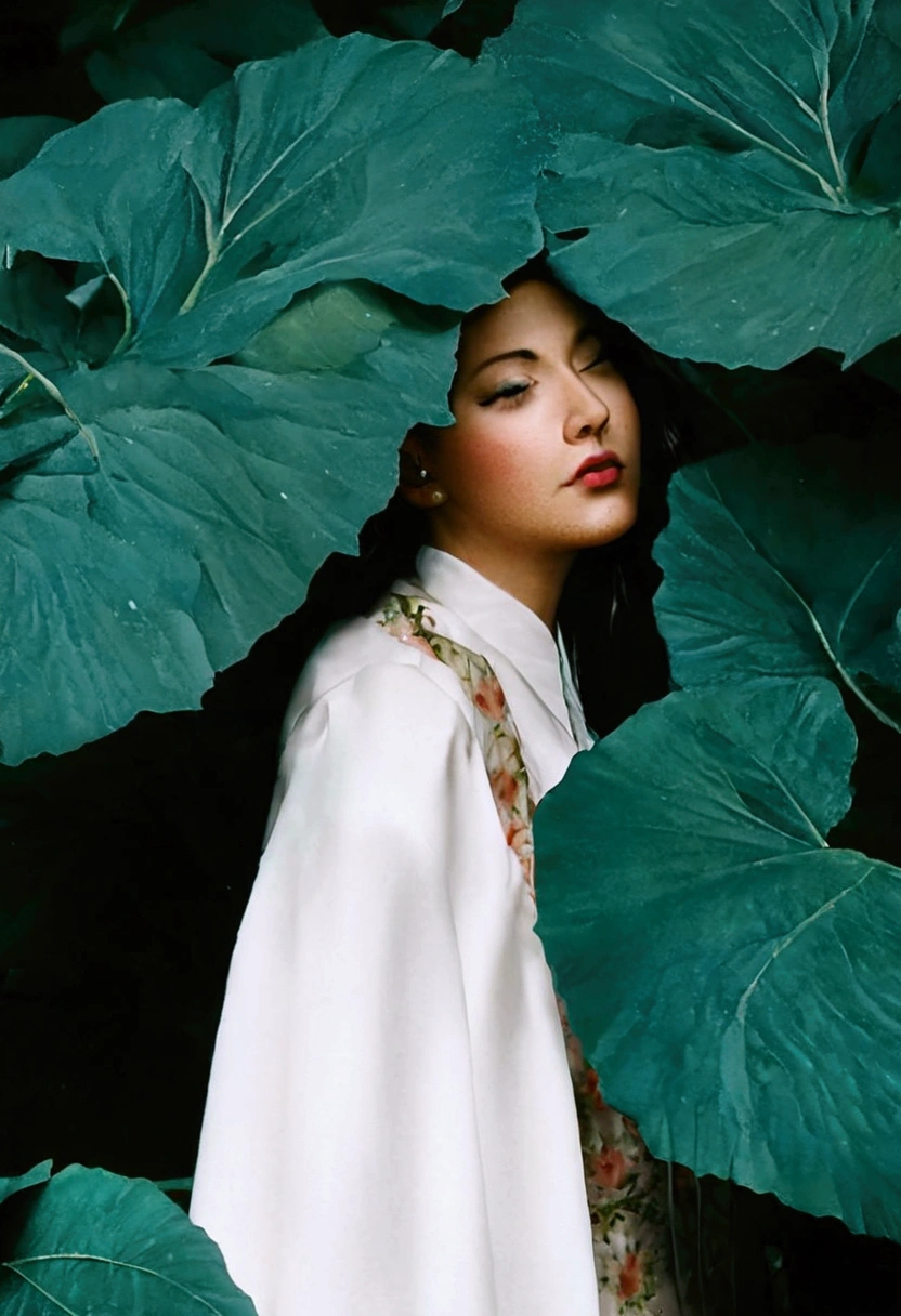 Aarav woman wearing a white shirt and floral dress stands in front of a large green leaf., Among the leaves, Jinyoung Shin, Seson Yoon, Taejoon Kim, Jill Sander's official editorial., Inspired by Ren Hang, Kwak Ji Young, Inspiration from Jung Park, Inspired by Jeon Seok Lee, According to Renhang style, In the midst of nature, jin kim