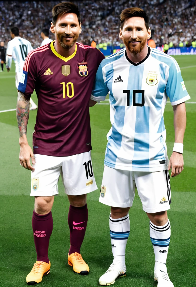 Chow Yun fat 45 year old brownish skin making photo with Lionel Messi, wear Argentina national team at Santiago Bernabeu stadium