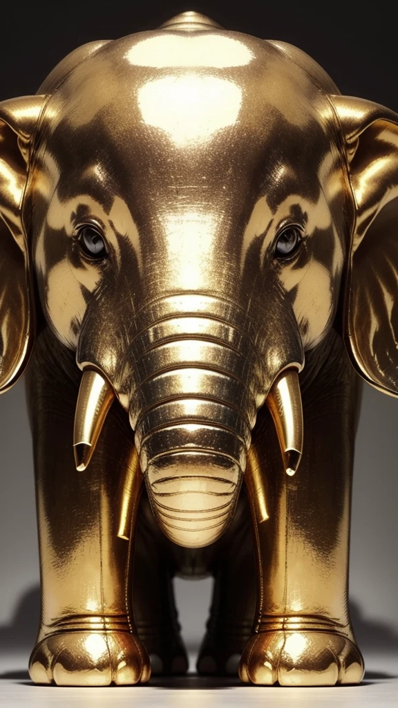 Create a high-resolution image of a luxurious, modern elephant statue. The elephant should be made of shiny, reflective gold metal. The design should be sleek and elegant, with smooth curves and fine details, including its trunk, tusks, ears, and feet. The statue should have a coin slot on its back, similar to a piggy bank, and exhibit a sense of grandeur and majesty. The lighting should highlight the reflective properties of the gold, casting soft shadows and giving the image a polished, professional look. The background should be a neutral gradient, transitioning from light grey to white, to ensure the elephant statue is the focal point of the image.