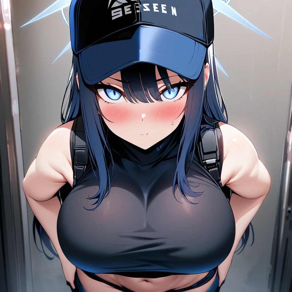saorijoumae, <lora:saorijoumae-lora-nochekaiser:1>,
saori joumae, blue eyes, blue hair, halo, long hair, mask, mouth mask,
BREAK bare arms, bare shoulders, belt, black headwear, black pants, black shirt, blue gloves, crop top, gloves, leggings, midriff, navel, pants, shirt, sleeveless, sleeveless shirt,
BREAK looking at viewer,
BREAK indoors,
BREAK <lyco:GoodHands-beta2:1>, (masterpiece:1.2), best quality, high resolution, unity 8k wallpaper, (illustration:0.8), (beautiful detailed eyes:1.6), extremely detailed face, perfect lighting, extremely detailed CG, (perfect hands, perfect anatomy),