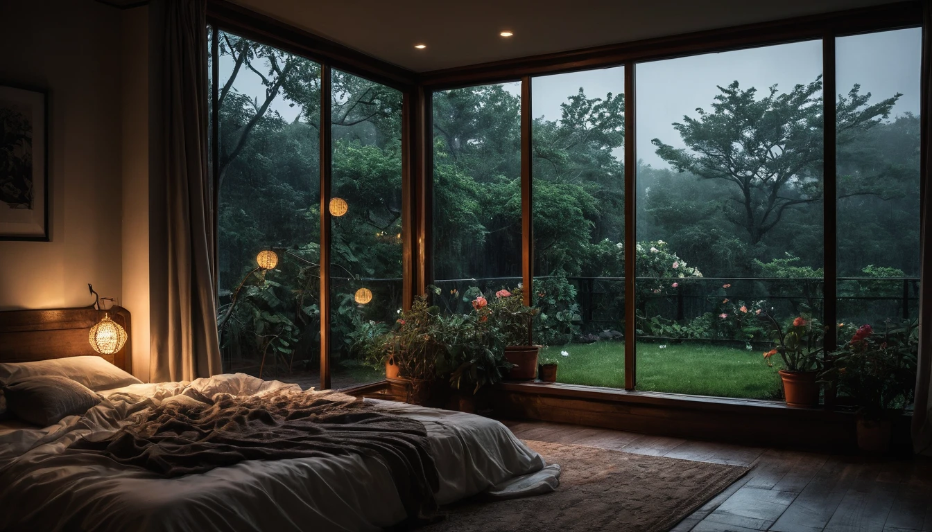 The picture shows a cozy gloomy bedroom, with a large window offering a view of a beautiful, dimly lit garden AND a garden soaked in FLOWERS, the cobblestones of the Japanese house concept. CINEMATIC, JAPANESE HOUSE, the shape of a Japanese house, and lots of flower gardens in the garden. The bed was unmade with rumpled sheets, indicating only a light sleep. the room is dark, gloomy, looks dim, gloomy. Beside the bed there is a small table with a classic lamp that radiates warm light into the room. Outside the window you can see the lush greenery of the terrace or balcony area, the rain is falling, the lamp on the left provides warm lighting, creating a calm and peaceful atmosphere. with fog obscuring part of the view in the distance. The contrast between the warmth indoors and the rain outdoors creates an inviting and calming atmosphere