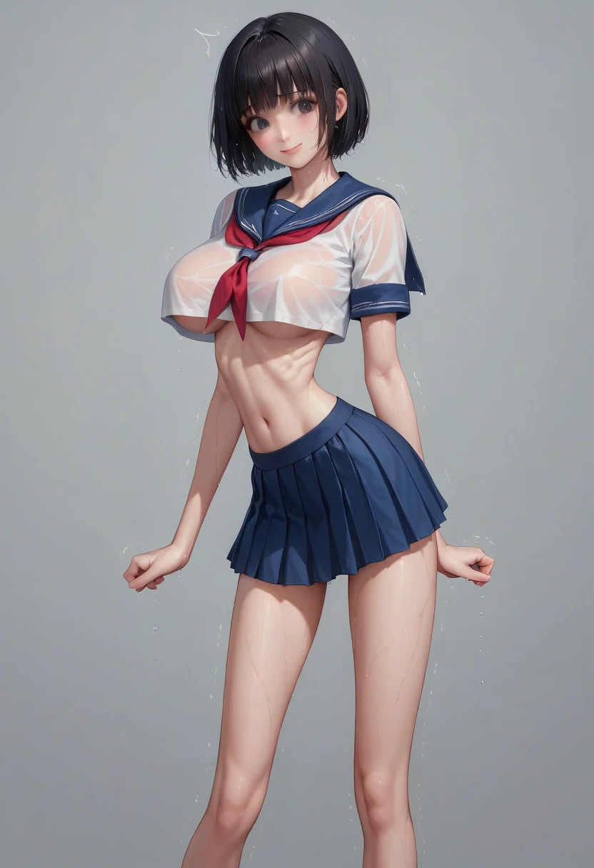 masterpiece, best quality:1.2), Realistic photo, front shot, beautiful thin 1girl, (super big breasts, micro waist, very long legs:1.3), Black hair, short bob hair, (Extremely skinny), short height, Light Skin, cute big eyes, Small Mouth, cute beautiful thin face, forced smile, serafuku, mini skirt, Arched back, pigeon-toed, Embarrassing pose, Long and thin navel, (beautiful visible ribs), wet and sweaty, Trembling