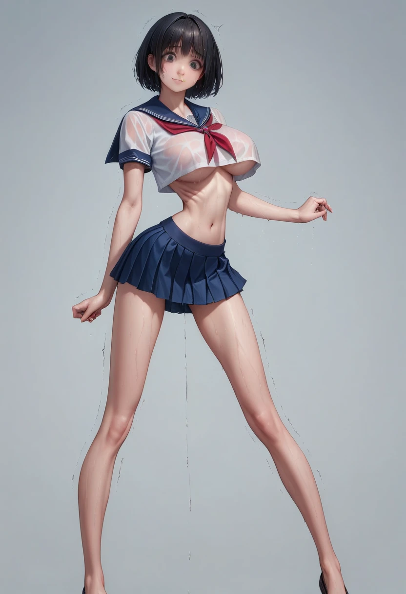 masterpiece, best quality:1.2), Realistic photo, front shot, beautiful thin 1girl, (super big breasts, micro waist, very long legs:1.3), Black hair, short bob hair, (Extremely skinny), short height, Light Skin, cute big eyes, Small Mouth, cute beautiful thin face, forced smile, serafuku, mini skirt, Arched back, pigeon-toed, Embarrassing pose, Long and thin navel, (beautiful visible ribs), wet and sweaty, Trembling