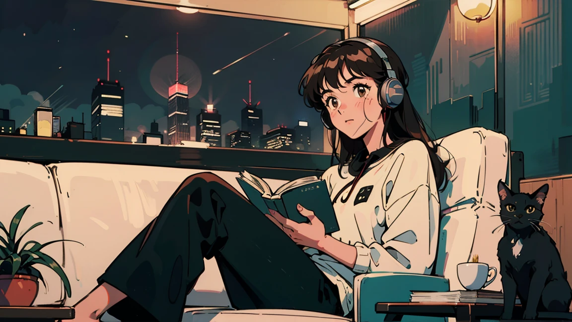 best quality, 8k, 1990s style,2010s hairstyles, 21 year old girl, black hair, long hair, light brown eyes, city pop, pants ,night view, wearing headphones,reading a book, whole body,  relax coffee,table,confection,Looking at me, Black cat
