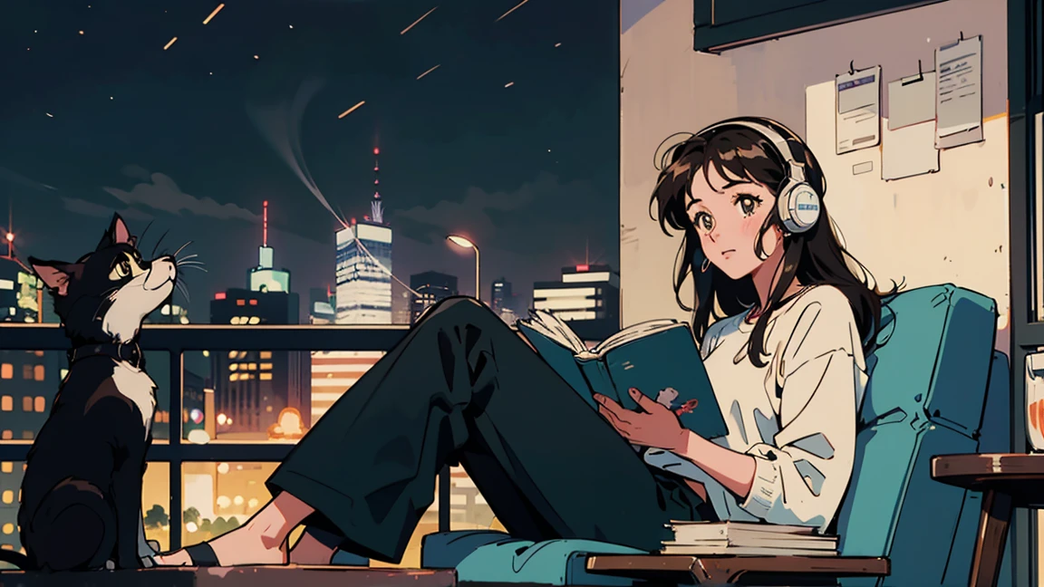 best quality, 8k, 1990s style,2010s hairstyles, 21 year old girl, black hair, long hair, light brown eyes, city pop, pants ,night view, wearing headphones,reading a book, whole body, relax coffee,table,confection,Looking at me, Black cat