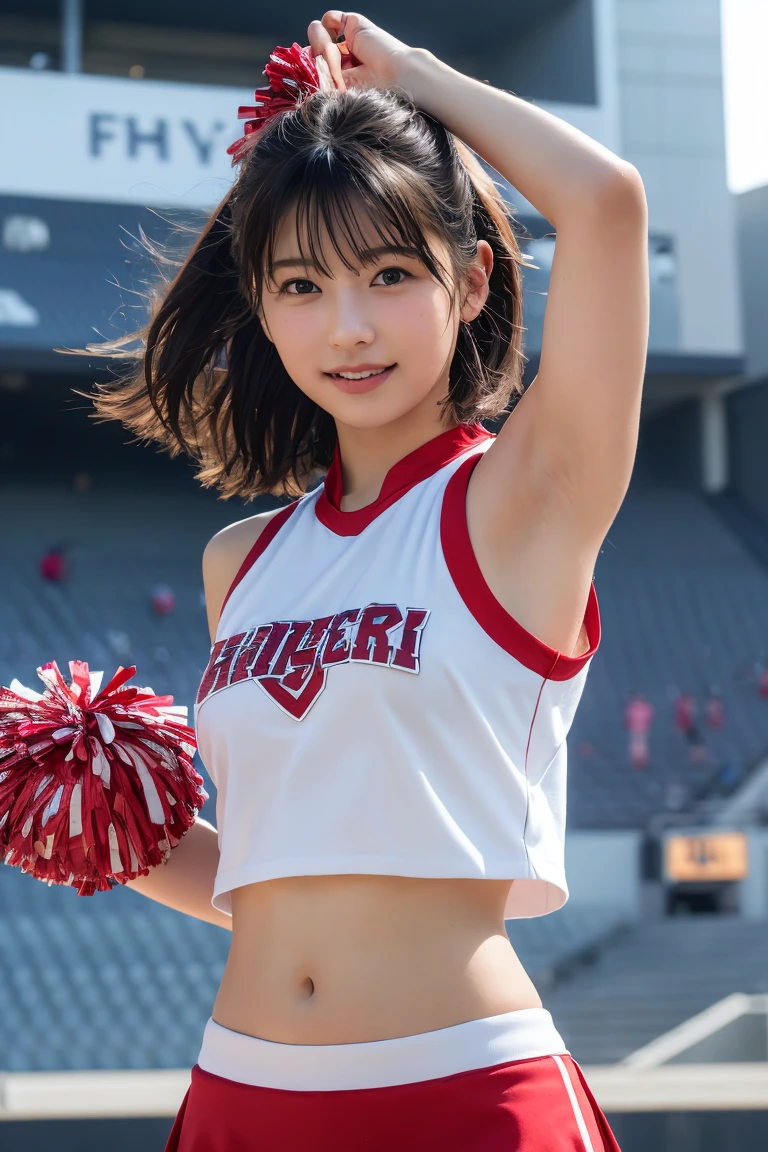 Flying debris, Highest quality, shape, Very detailed, finely, High resolution, 8k wallpaper, Perfect dynamic composition, finelyてBeautiful Eyes,Medium Hair,Small breasts Natural color Lips, Bold sexy pose,smile,Harajuku、20-year-old girl、cute、sexy shot looking at camera、Black hair ponytail , whole body((Realistic lighting, Highest quality, 8k, masterpiece: 1.3)), Clear focus: 1.2, 1 girl, Perfect shape: 1.4,(Cheerleader:1.3),(Outdoor:1.5),(Look under your armpits:1.5),(Stadium:1.1),(Cheer Dance:1.3) Very beautiful face, Beautiful Eyes, double eyelid,smile,(Your cheeks are red:1.3),(No nipples:1.2)