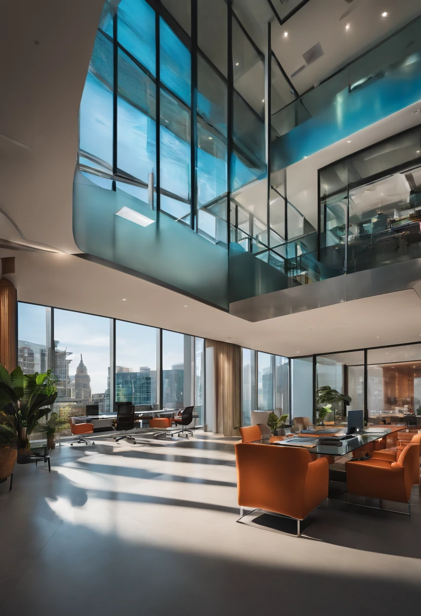 Modern office,Glass room, meeting room, office,desks,a chair , show room scene