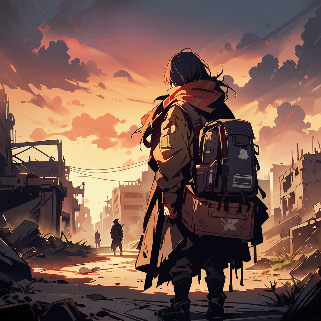 (best quality,4k,8k,highres,masterpiece:1.2),ultra-detailed,desolate,deserted,sunset,bleak,barren,hopeless,haunting,harsh terrain,scorching heat,dusty,ruined buildings,rubble and debris,abandoned city remnants,shattered glass,muted colors,rusted metal,cracked asphalt,decaying structures,dilapidated architecture,crumbling walls,sandstorms,dystopian,tattered flag,tire tracks,ominous clouds,desperation,loneliness,fading hope,wear and tear,weathered appearance,dark silhouette,exhausted posture,wandering through desolation,remnants of civilization,disrepair,forlorn,isolated figure,carrying a backpack,surviving against all odds,slender figure,wind-swept hair,tired eyes,solemn expression,gritty,post-apocalyptic wastelands, sand-covered roads, dunes, old and rusty car wrecks, a wanderer in old and worn-out clothes, realistic, detailed, a ruin city where only a african boy is left alive, silhuete, por do sol,