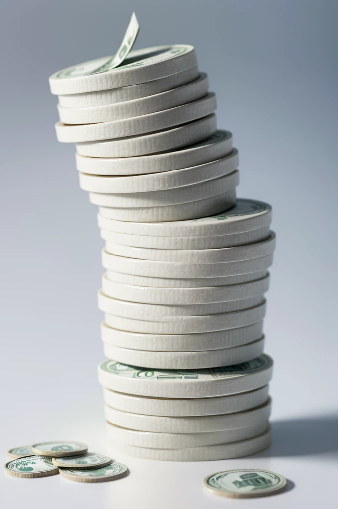 Stack of money forming an image of the number 15 on a white place seen from a 90° angle.