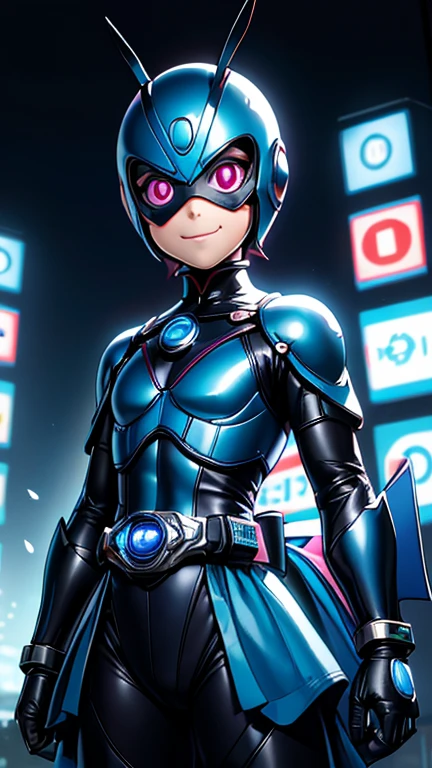 (8k),(masterpiece),(Japanese),(8-year-old girl),((innocent look)),((Childish)),From the front,smile,cute,Innocent,Kind eyes,Flat chest,blue helmet,blue domino mask,Alice in Wonderland, bald,no Hair,Strong wind,night,dark, Neon light cyberpunk city,Kamen_Rider,camisa