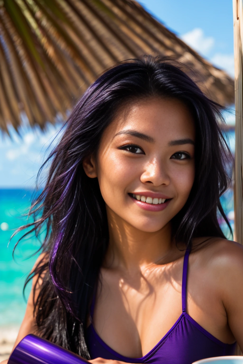 photo of female  (((lying))) on the beach long black hair with (((purple high lights)))  in RAW UHD format (Brown-eyed woman)  Details (textures! , , imperfections: 1.1), DSLR Lighting, SLR camera, Ultra-Quality, sharpness, Film grain, Fujifilm XT3, Crystal clear, sharp-focus, sunshine , neon lighting,  (lit), day time, (blue  sky), detailed skin pores, oilly skin, suntan, ocean in background, sharp, focused. razor-sharp, composition, light and shadow, smiling, half thai half scandinavian, (((purple high lights))), ((mug of coffee))