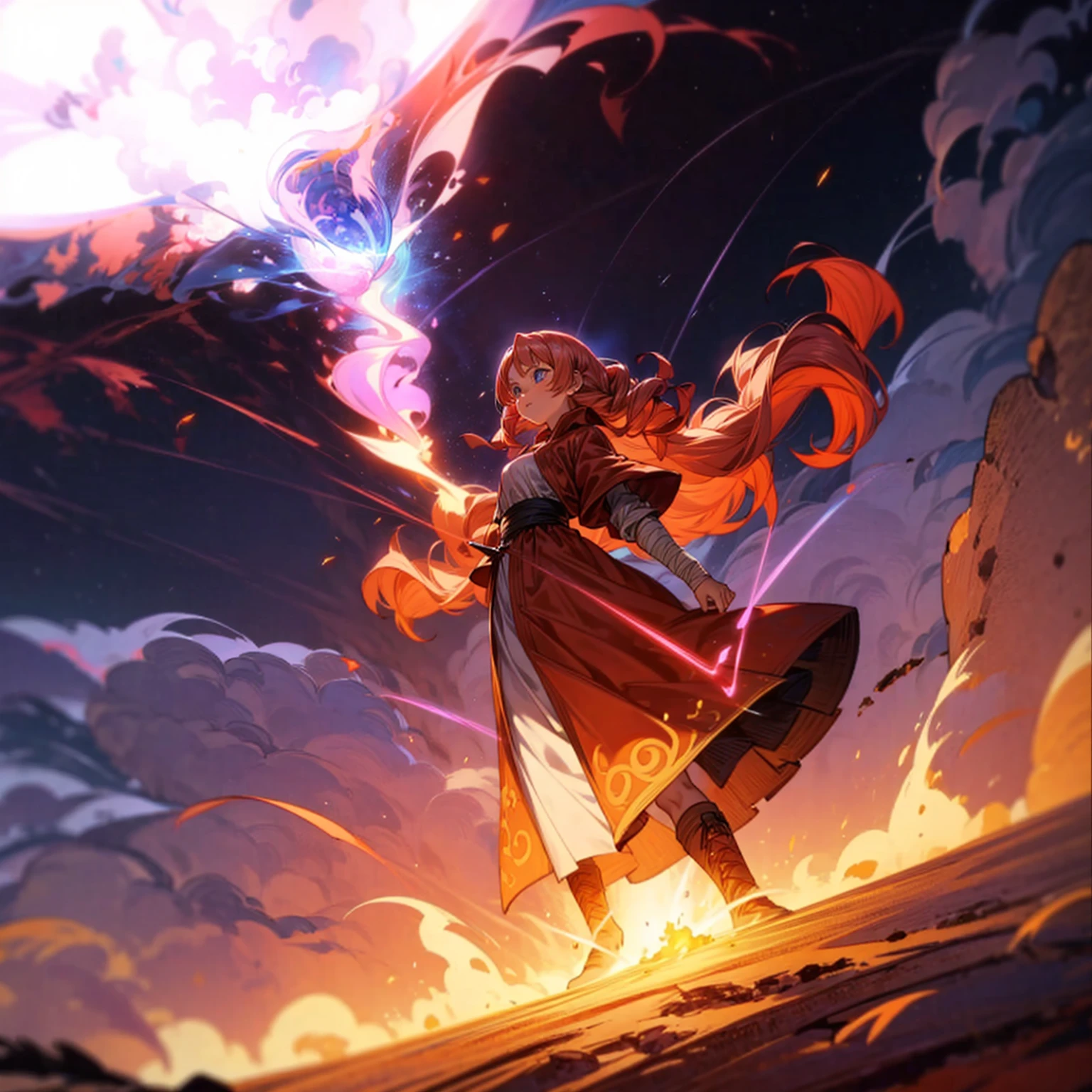 1woman, 1character, woman version, blue eyes, long Curly haircut, pink colour hair, Ancient Roman clothing, red colour clothing, long dress, boots, Bandage on hand, Grassroots, background in field town, motion blur, ((big fire burned in hand)), (dragon ball style art), (high angle view), smoke effect, aura effect, blue lighting, the largest blue fireball, Moonlight, moon, blue fireball light silhouette, blue fire, lightning flash, plasma effect 