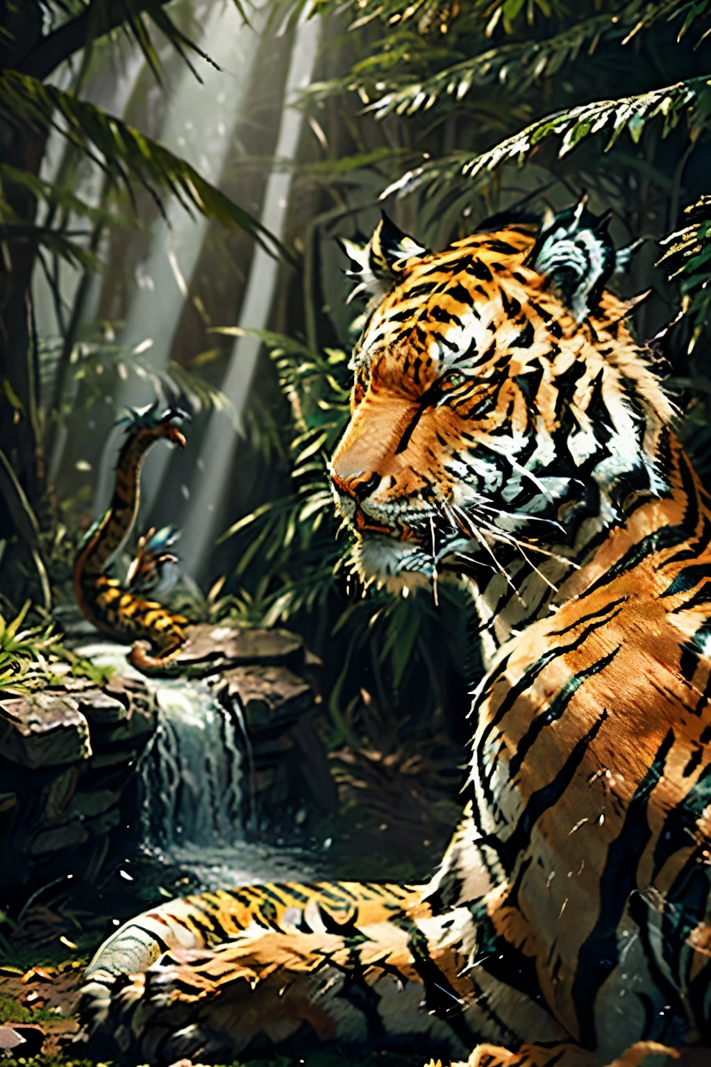 ((Dragon and Tiger in Forest: 1.5)), This 3D anime masterpiece showcases a breathtaking scene of a dragon and a tiger coexisting in a lush forest. The dragon, with its scaly, top-quality texture and vibrant, photo-realistic colors, appears majestic as it soars through the canopy. The tiger, with its realistic fur and detailed stripes, is seen prowling the forest floor, its eyes glowing with an intense, lifelike intensity. The forest itself is meticulously detailed, with intricate leaves, bark, and moss, creating a truly immersive environment. The lighting is sublime, with rays of
