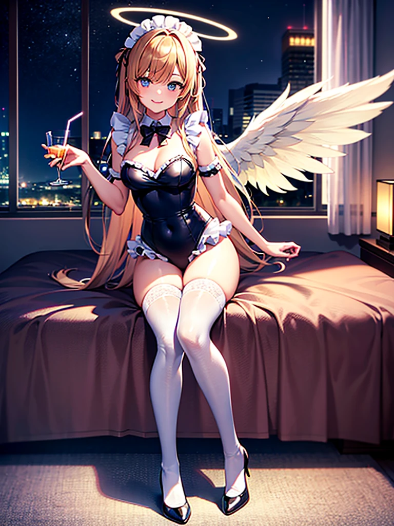 Highest Resolution,Highest quality,Smiling beautiful girl in maid leotard,High leg,(((Frills))),White angel wings on your back,Halo,Bedroom,Night view outside the window,Very beautiful eyes,whole body,front,Knee-high stockings,Drink,