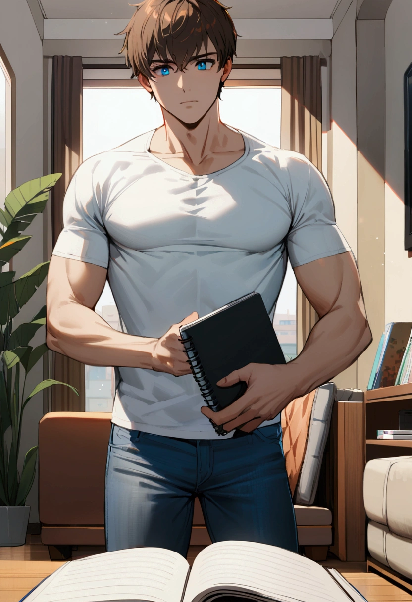 1man with short brown hair, blue eyes, tall, , white t shirt, jeans, hold notebook, living room