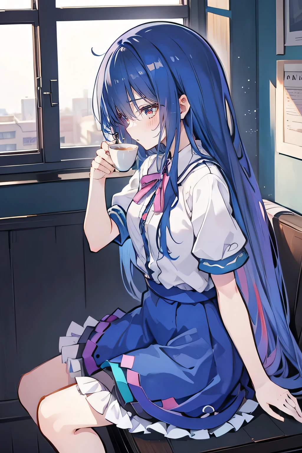Anime Girl sitting on window sill drinking coffee and looking out the window, (Anime Girl), Anime cute art style, seductive Anime Girl, Beautiful anime high school, Cute girl anime visual, Night Core, Best Girl in Anime, young Anime Girl,dark blue long hair,Sit by the window