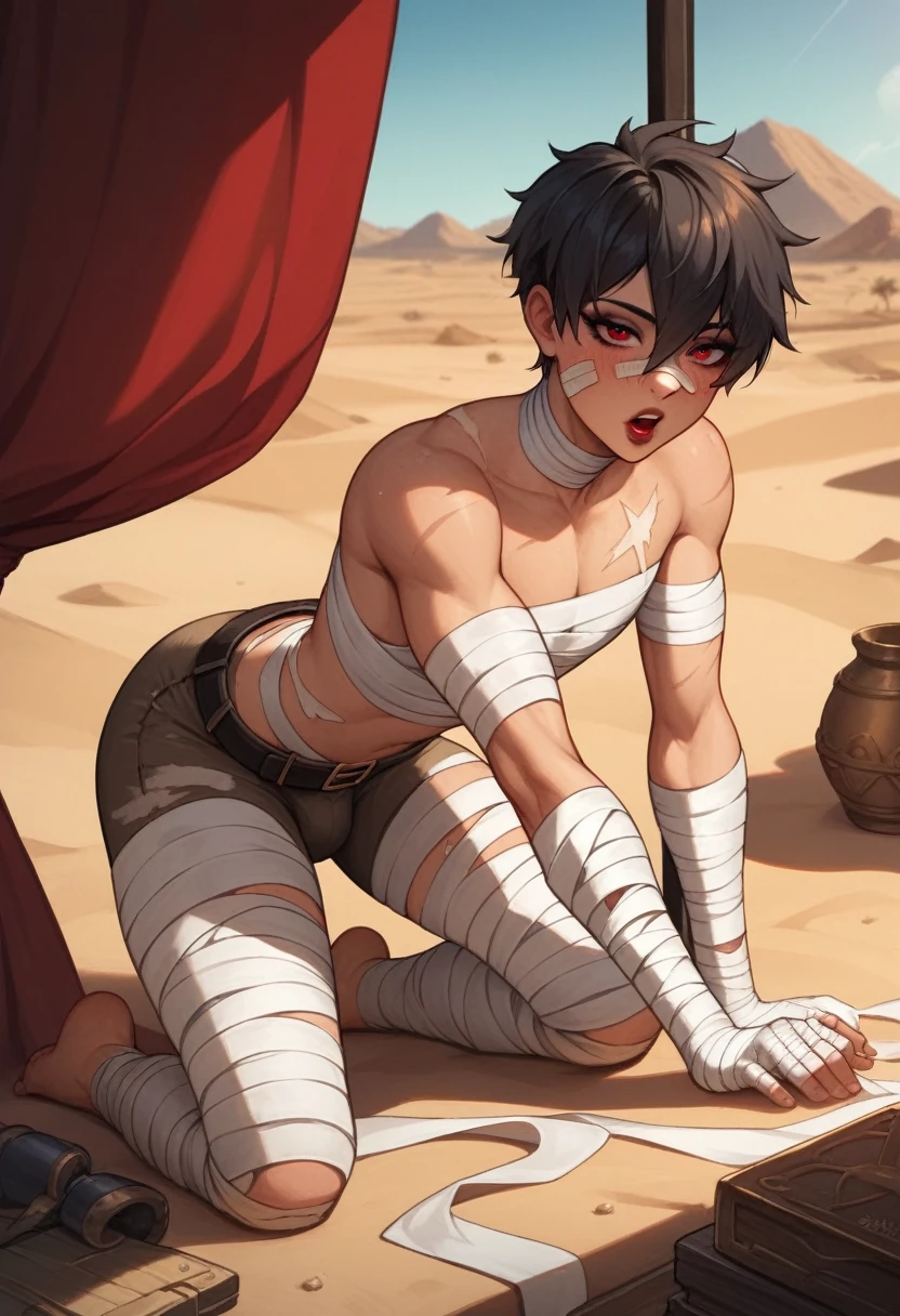 1boy, black eyeliner, male medium length mullet hairstyle, medium sharp hair texture, black hair, handsome, red eyes, black choker, black long bandage gloves, white bandage on body, desert, room, red lipstick, femboy, blush, thin waist, open mouth, kneeling, half open eyes, bandage pants, bandage choker, mummy, beautiful face, bent over, scars on body, long belt