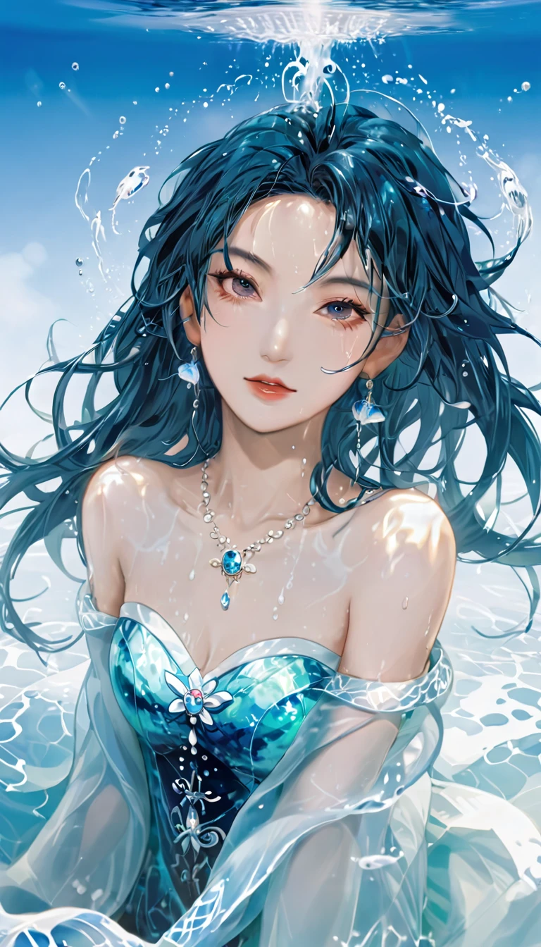A blue transparent plastic bag with a girl inside. The girl is wrapped in a plastic bag, wrapped, placed, tied with a plastic pocket, tied with a plastic pocket, tied with a plastic body, standing in a plastic pocket, tightly bound, plastic, transparent, plastic transparent, stockings, plastic transparent ribbons, jelly texture, flowing hair, underwater, underwater diving, plastic bag cover