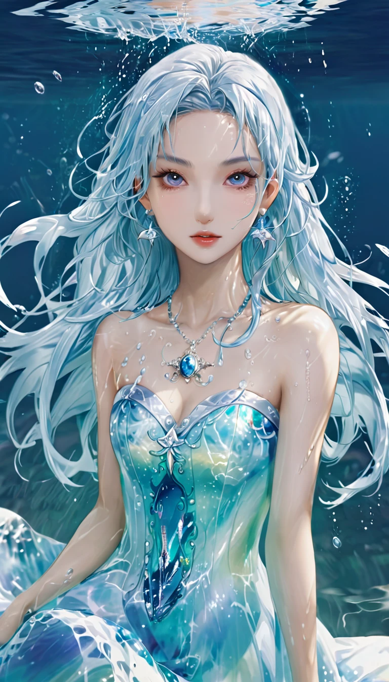 Beautiful water goddess with long light blue hair collapses on a bed of bubbles with sleepy eyes、masterpiece、realisitic