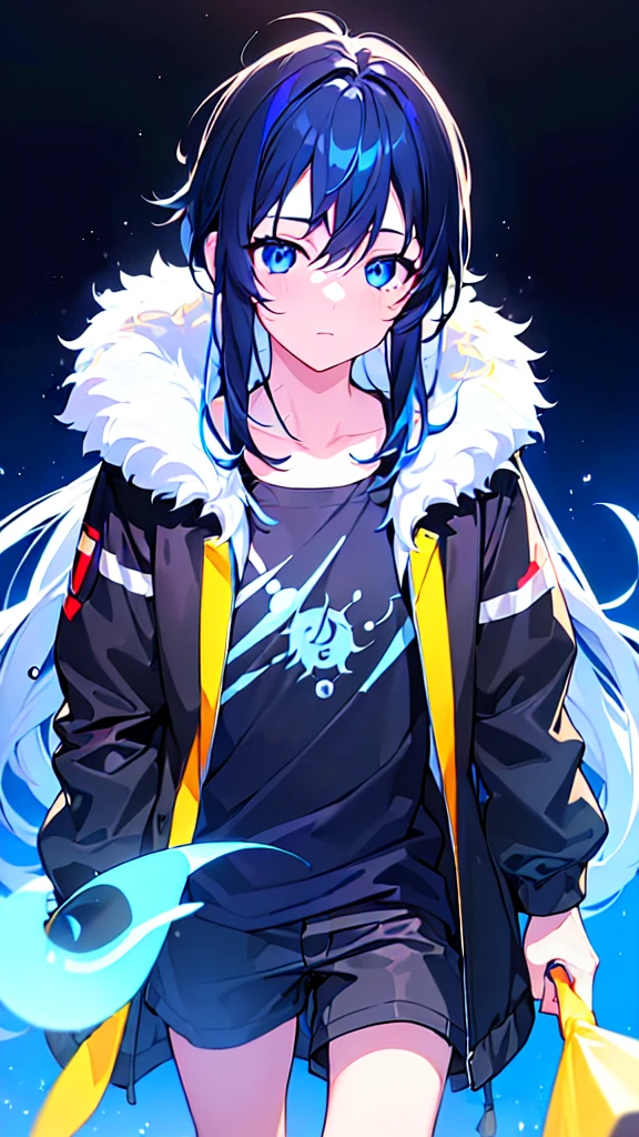 [(BLACK BACKGROUND:1.5),::5], ((((masterpiece)))), high quality, ultra very high resolution, full color, (((solo))), ((little boy)), BLACK hair, (Blue streaked hair), (oriental deepblue eyes), anime, ((upper body)), Summer clothes, neon light, black parka, 