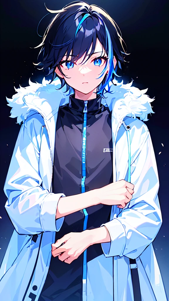 [(BLACK BACKGROUND:1.5),::5], ((((masterpiece)))), high quality, ultra very high resolution, full color, (((solo))), ((little boy)), BLACK hair, (Blue streaked hair), (oriental deepblue eyes), anime, ((upper body)), Summer clothes, neon light, black parka, 