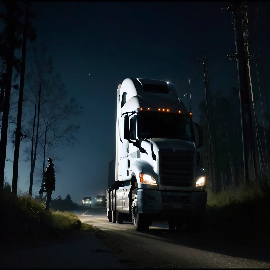 there is a truck that is driving down the road at night, at nighttime, fot de veículos, truck, at night, commercial shot, night time, night time, cinematic lighting at night, night time, fot noturna, dramatic lighting !n-9, it's night, still photo, night time!, Still cinematic, during at night, fot