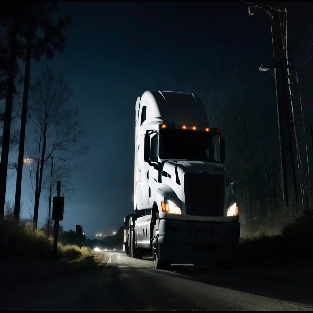 there is a truck that is driving down the road at night, at nighttime, fot de veículos, truck, at night, commercial shot, night time, night time, cinematic lighting at night, night time, fot noturna, dramatic lighting !n-9, it's night, still photo, night time!, Still cinematic, during at night, fot