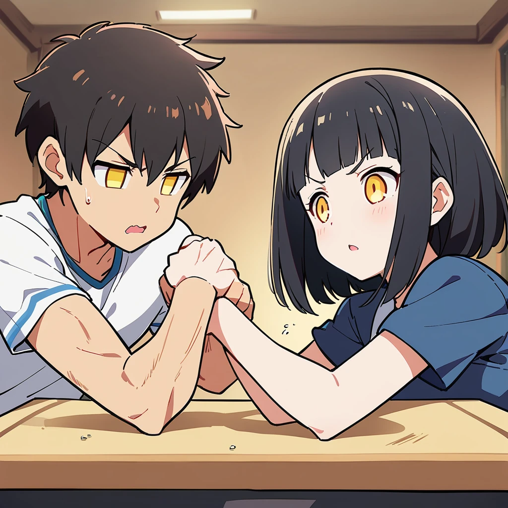 1 girl、(Black Hair、short hair:1.2)、(high school student、uniform)、(Arm wrestling with friends:1.3)、Brave look、School classroom、(Highest quality、masterpiece、High resolution、detailed)animeスタイル、Flat Style、(Shining Eyes、detailed美しい顔), break,anime