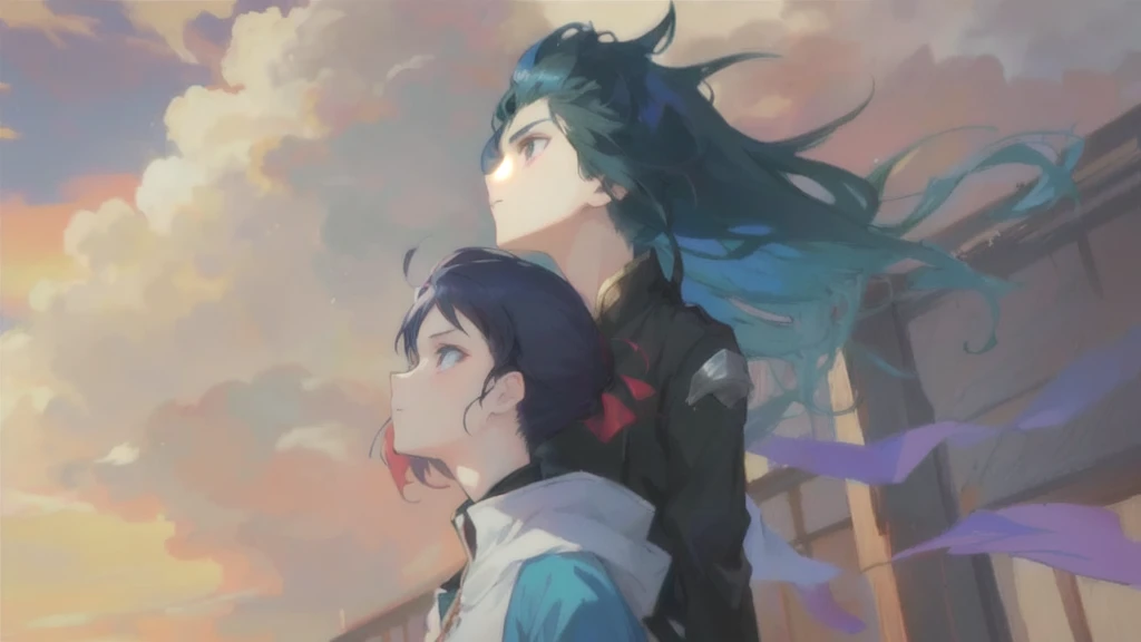 there is a girl and a boy that are standing together, sunset, outdoor, by Shingei, fan art, high quality fanart, fanart, in the anime series ergo proxy, by Kamisaka Sekka, official fanart, advanced digital anime art ”, beautiful avatar pictures, unknown artstyle, by Ei-Q, detailed fanart, fanart ”, tumblr, ninja scroll anime style