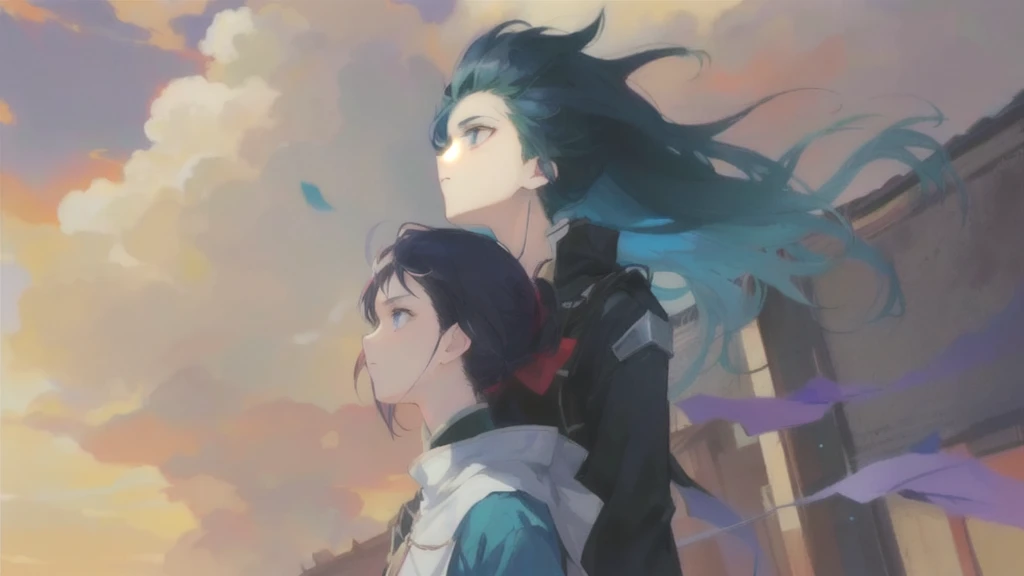there is a girl and a boy that are standing together, sunset, outdoor, by Shingei, fan art, high quality fanart, fanart, in the anime series ergo proxy, by Kamisaka Sekka, official fanart, advanced digital anime art ”, beautiful avatar pictures, unknown artstyle, by Ei-Q, detailed fanart, fanart ”, tumblr, ninja scroll anime style