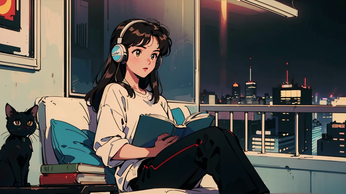 best quality, 8k, 1990s style,2010s hairstyles, 21 year old girl, black hair, long hair, light brown eyes, city pop, pants ,night view, wearing headphones,reading a book, whole body,  relax coffee,table,confection,Looking at me, Black cat
