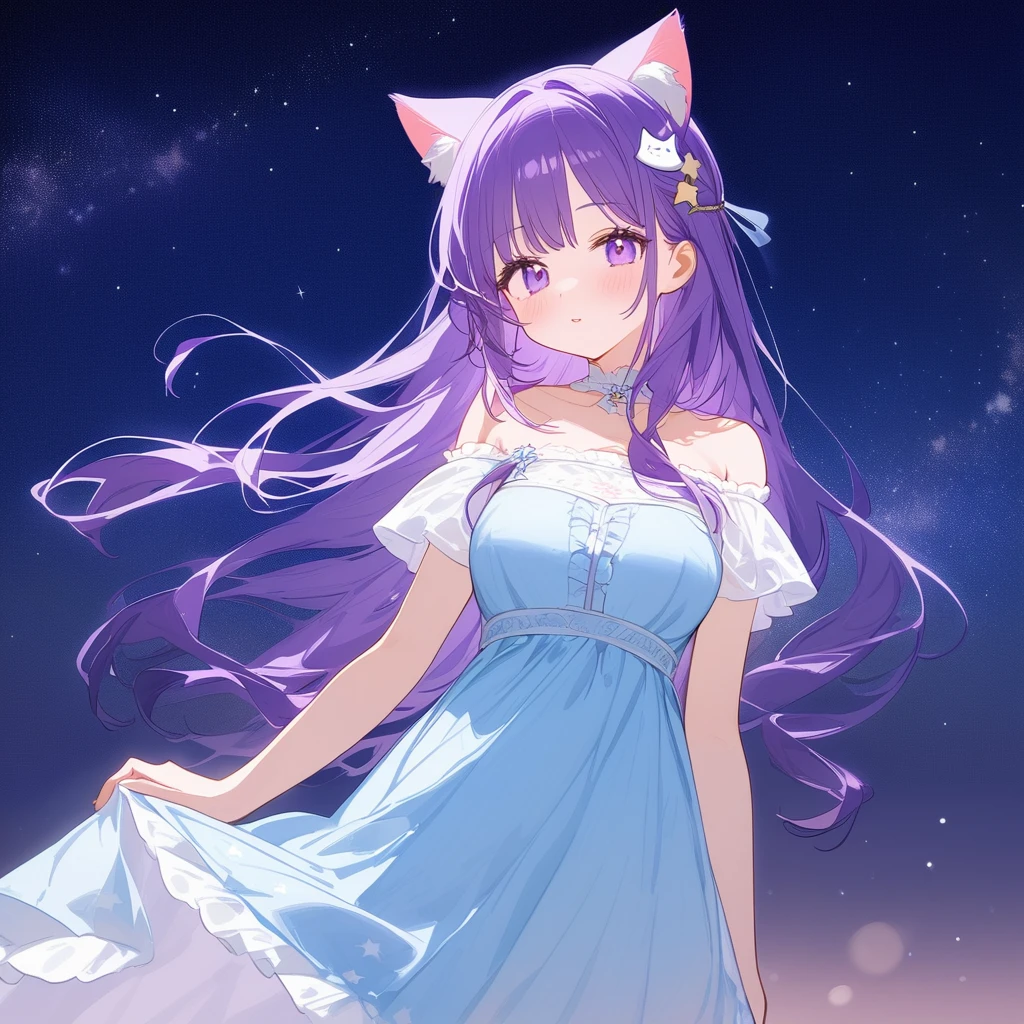 A beautiful maiden，Has long purple hair，Wearing a cute cat ear hair accessory。She was wearing a light blue dress with a star pattern，The background is a dreamy pink and purple gradient starry sky，Starry Night。The girl&#39;s expression is gentle，Smile and look ahead。