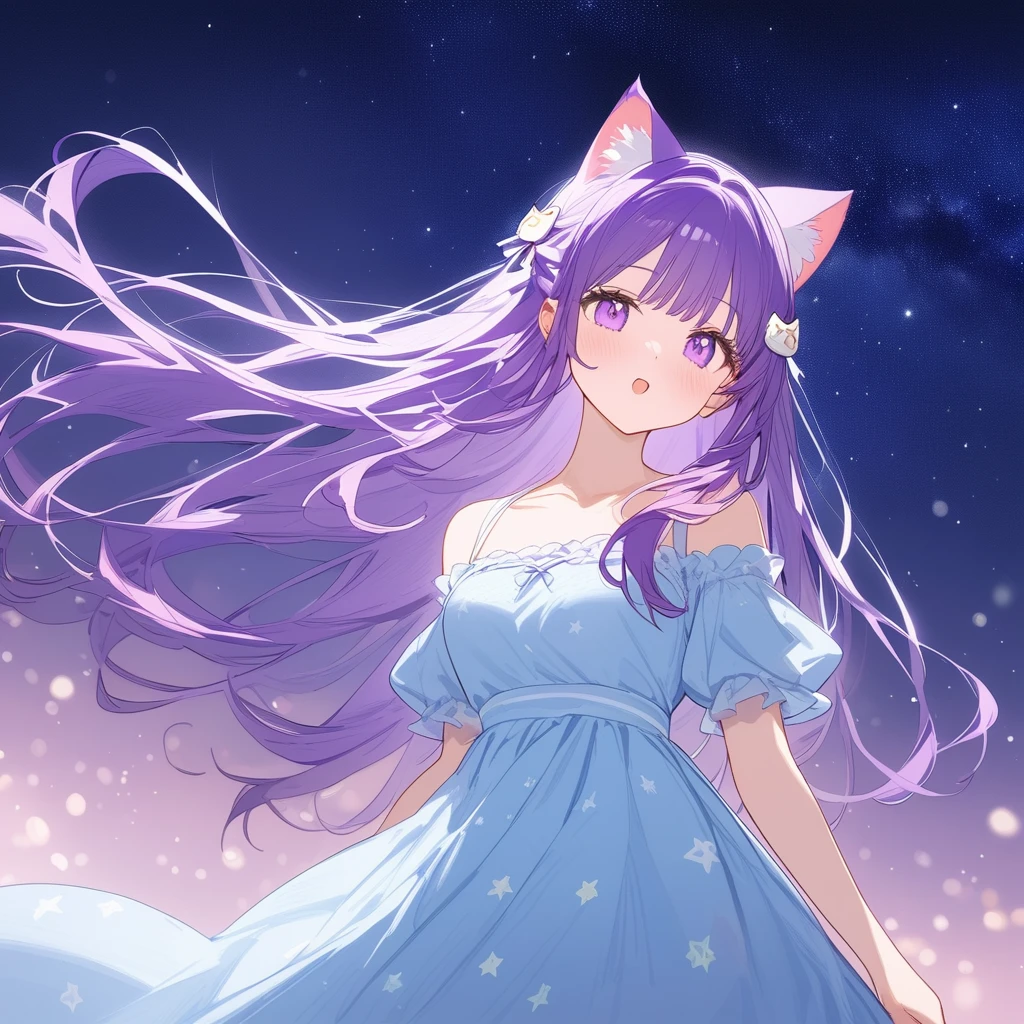 A beautiful maiden，Has long purple hair，Wearing a cute cat ear hair accessory。She was wearing a light blue dress with a star pattern，The background is a dreamy pink and purple gradient starry sky，Starry Night。The girl&#39;s expression is gentle，Smile and look ahead。