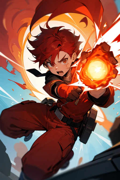 A boy of about 7 years old with a red hair and a good build throws a huge fireball sideways. The background is exploding. A sense of speed.
