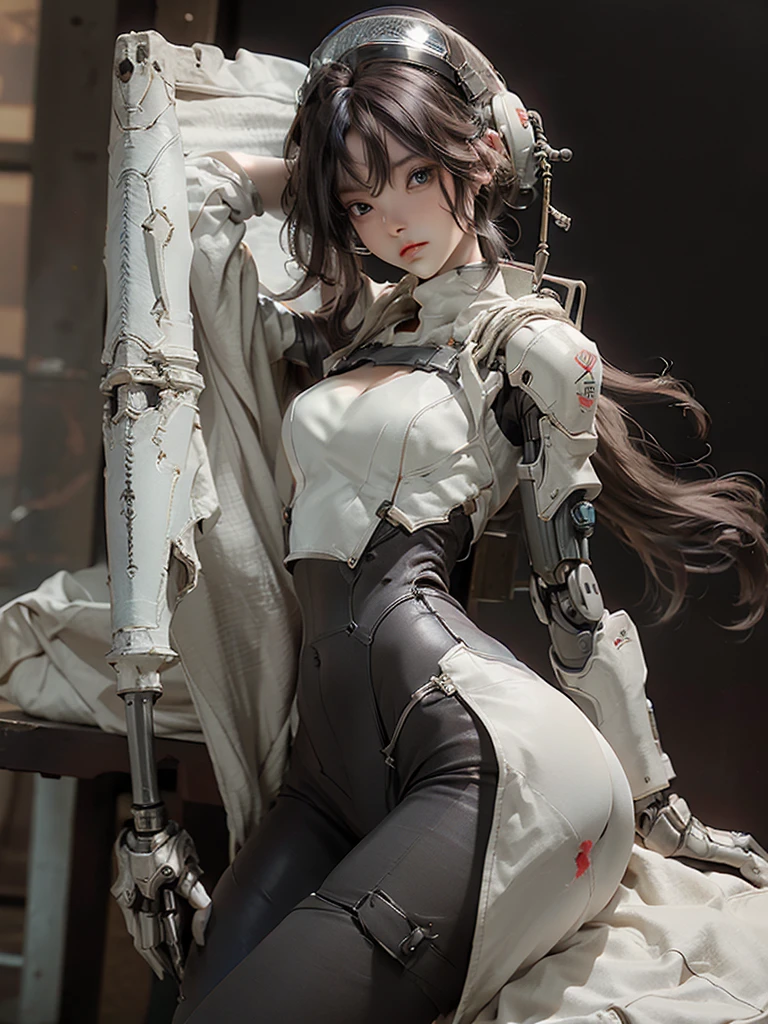 Extremely cute human girl face, human torso, human huge , human abdomen, human hips, robotic arms, mechanical legs, arms and legs with hard white shiny shell and black joints, very beautiful and feminine, short, , small, small, busty buttocks, medium bust, cleavage display, flat belly display, partial helmet with antenna on the ear, black robot joints, very stylish, award-winning product design, black rubber tights, The shiny white metal breastplate opens at the cleavage and abdomen, the white metal buttocks are wrinkled, and the armor has stylish, glowing trims