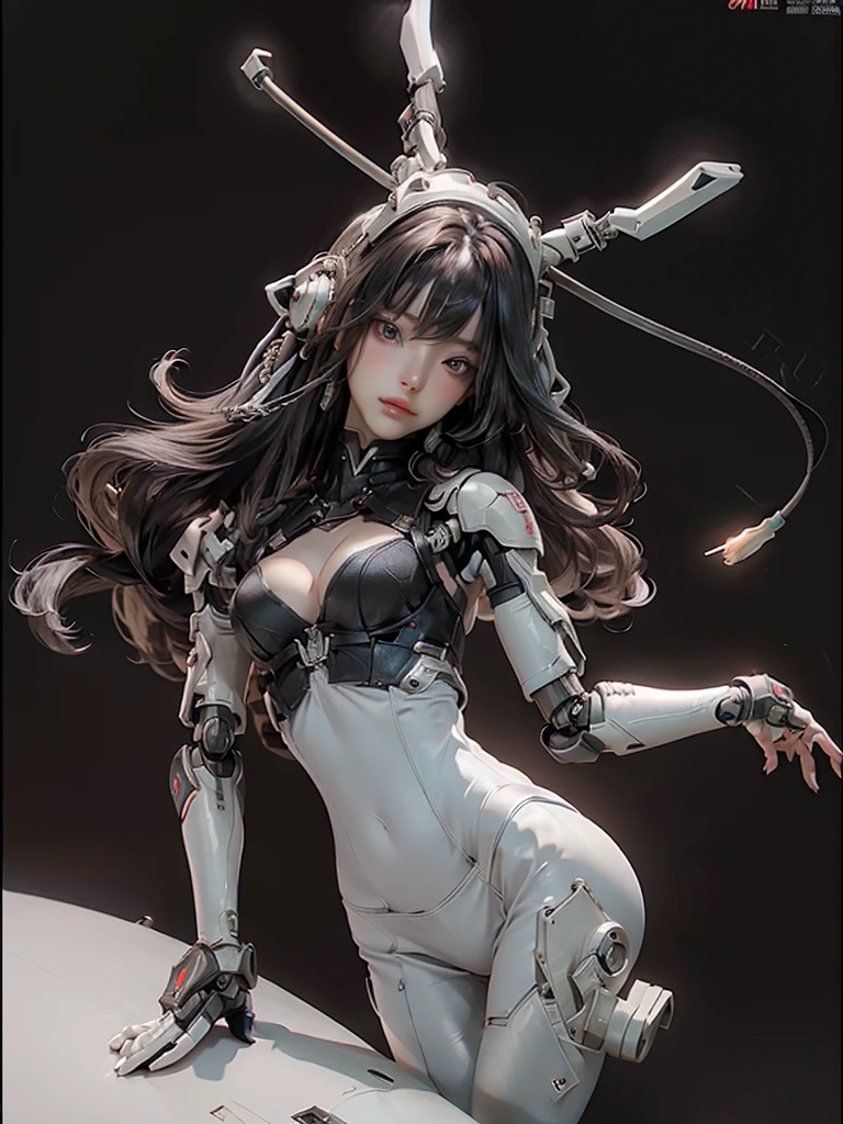 Extremely cute human  girl face, human torso, human huge , human abdomen, human hips, robotic arms, mechanical legs, arms and legs with hard white shiny shell and black joints, very beautiful and feminine, short, , small, small, busty buttocks, medium bust, cleavage display, flat belly display, partial helmet with antenna on the ear, black robot joints, very stylish, award-winning product design, black rubber tights, The shiny white metal breastplate opens at the cleavage and abdomen, the white metal buttocks are wrinkled, and the armor has stylish, glowing trims