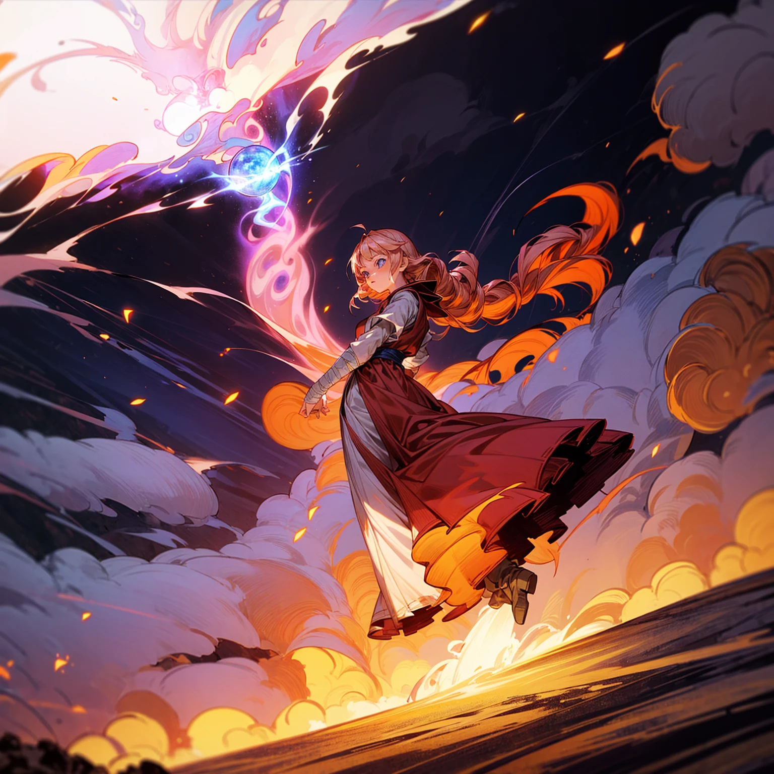 1woman, 1character, woman version, blue eyes, long Curly haircut, pink colour hair, Ancient Roman clothing, red colour clothing, long dress, boots, Bandage on hand, Grassroots, background in field town, motion blur, fire burned in hand, (dragon ball style art), (high angle view), smoke effect, aura effect, blue lighting, (the largest blue fireball), Moonlight, moon, blue fireball light silhouette, blue fire, lightning flash, plasma effect 