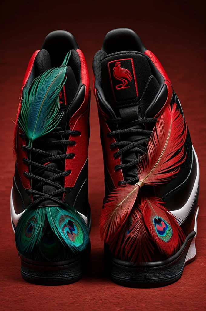 Basketball shoes with peacock feathers around the red feathers black background of the image