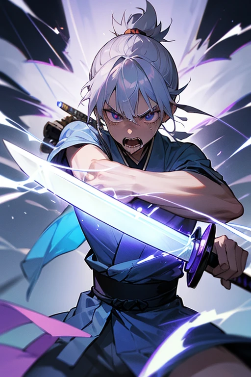 A samurai of about 14 years old with silver hair and wearing a blue kimono, holding a sword and charging with a purple lightning bolt, a sense of speed, gritting his teeth in rage, and shedding tears.