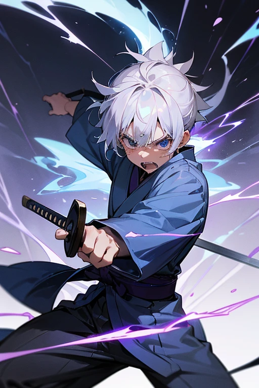 A samurai of about 14 years old with silver hair and wearing a blue kimono, holding a sword and charging with a purple lightning bolt, a sense of speed, gritting his teeth in rage, and shedding tears.