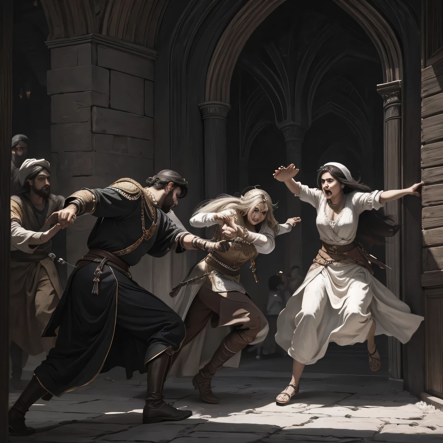 painting style, drawing, 4k, a Persian prince attacking a woman and the woman trying to run away, crying and shouting ,medieval period, one character is monochromatic and one colorful, one behind another