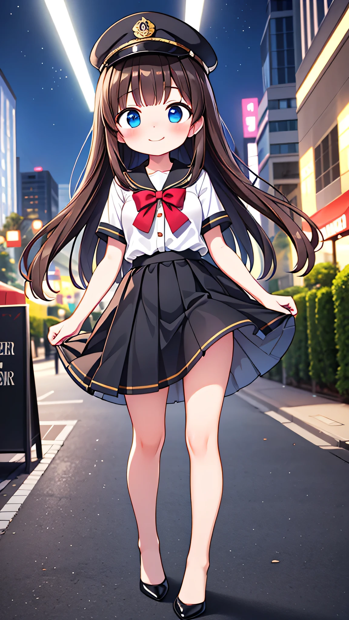{Highest quality}, {Super beautiful},{Ultra fine},{Best illustration},Brown Hair,Hime cut,semi-long,Bangs,Standing Woman,Uniform cap,White Shirt,Short sleeve,Long black skirt,Night Park,Embarrassed,smilingly,Blushing,Slender women, A woman wearing plain black pumps,Bare feet and pumps,From an angle,From above,Raise one leg