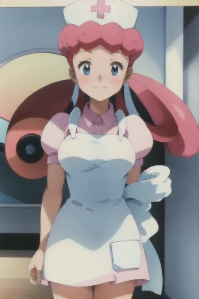 (masterpiece, Highest quality:1.2), nurse joy, Pokemon, blue eyes, Mouth closed, Long Hair, Pink Hair, Short sleeve, nurse, blush, Holding, puffy Short sleeve, Large Breasts, Puff sleeves, nurse cap, One girl, View your viewers, smile, alone, Have, dress, apron, Hair Ring, clipboard