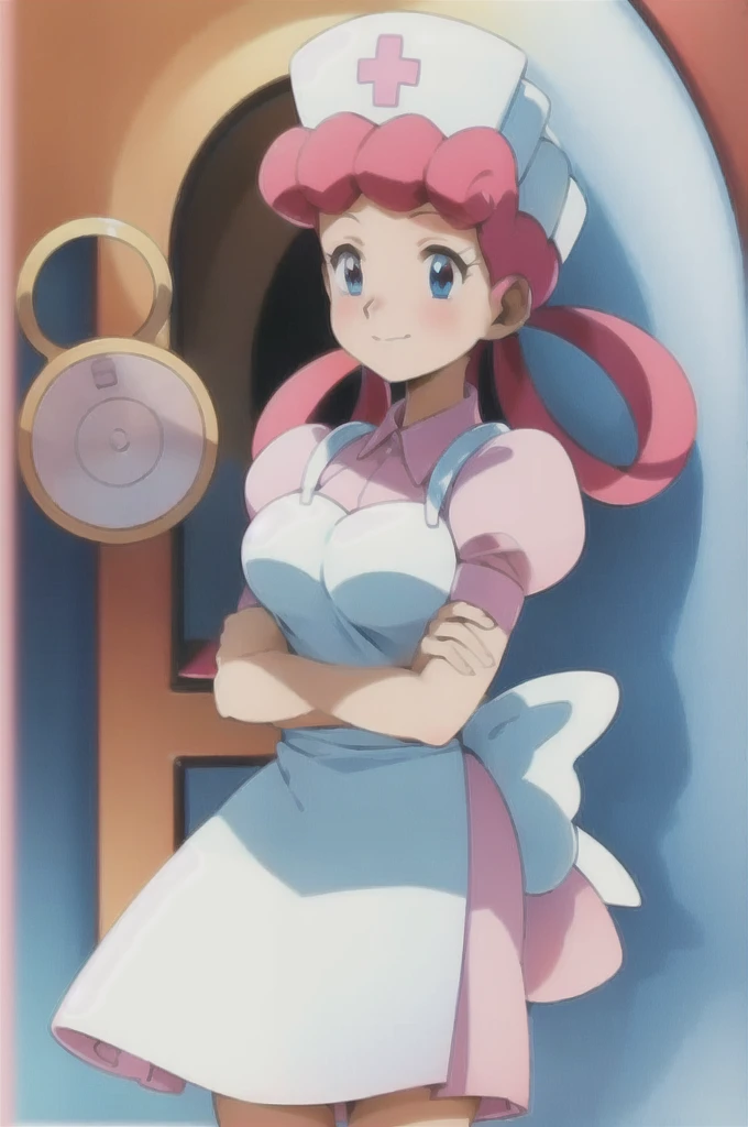 (masterpiece, Highest quality:1.2), nurse joy, Pokemon, blue eyes, Mouth closed, Long Hair, Pink Hair, Short sleeve, nurse, blush, Holding, puffy Short sleeve, Large Breasts, Puff sleeves, nurse cap, One girl, View your viewers, smile, alone, Have, dress, apron, Hair Ring, clipboard